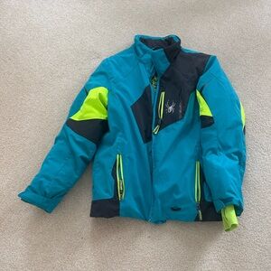 Spyder Kids' Teal and Neon Yellow Puffer Jacket size 14. Ski/Snowboard jacket